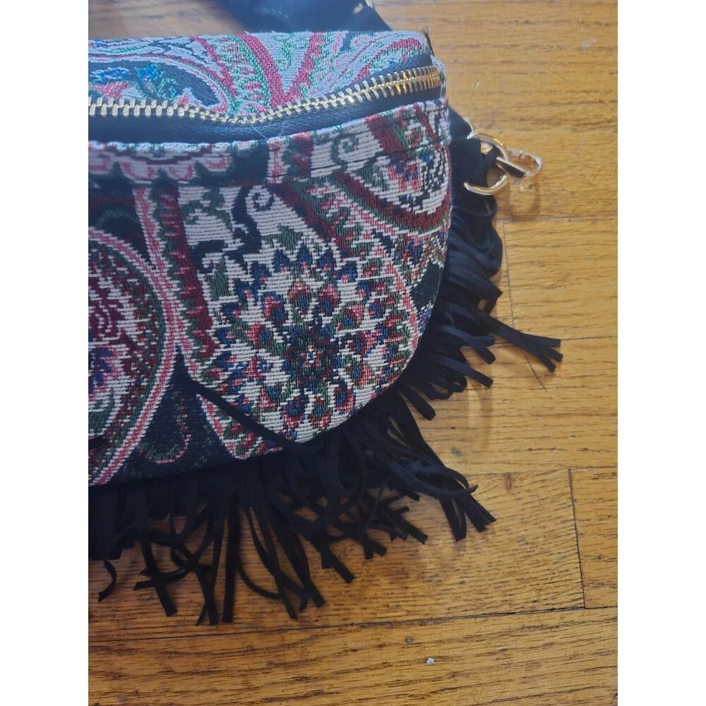 Anthropologie Crescent Fringe Tapestry Sling Bag Rare Sample NWOT